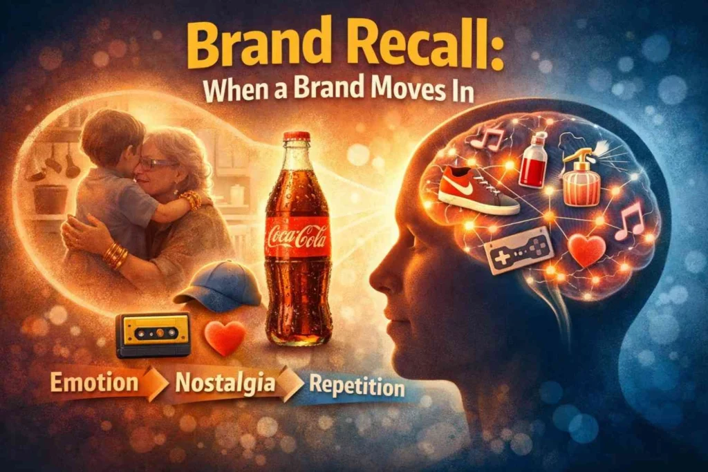 Brand recall illustration showing emotion, nostalgia, and repetition influencing memory with brain visuals and nostalgic moments