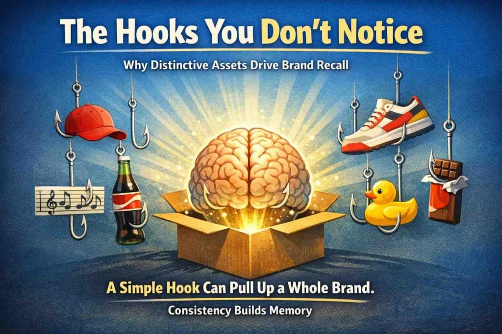 “Visual illustration of brand recall showing hooks pulling iconic objects into a brain, representing how distinctive assets build strong brand recall through consistency.”