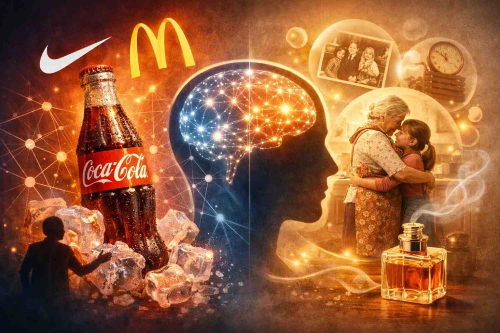 “Creative depiction of brand-recall with Coca-Cola bottle, Nike logo, and McDonald’s symbol influencing memory and emotions inside the human brain.”